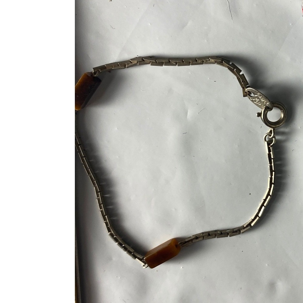 Vintage Silver Tone Box Chain Bracelet Brown Tigers Eye‎ Stone Accents 7.5 Inch